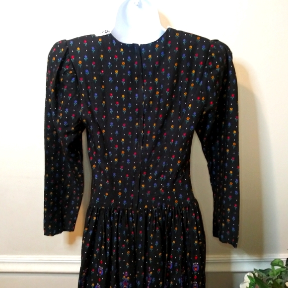 Vintage Gunne Sax Goth, Cottageore Style Lace Collared Black Floral Midi Dress - Picture 8 of 14